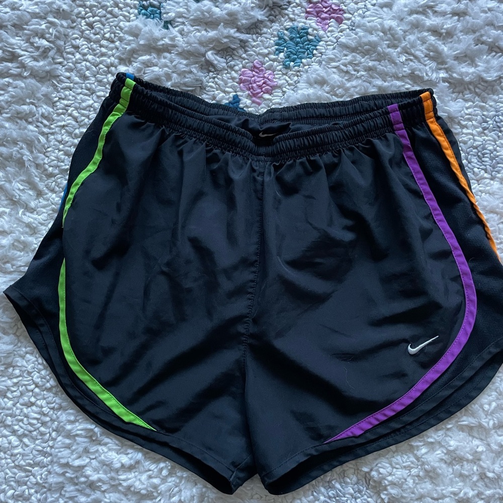 Nike Women's Black Shorts with Green, Purple, and Orange Accents